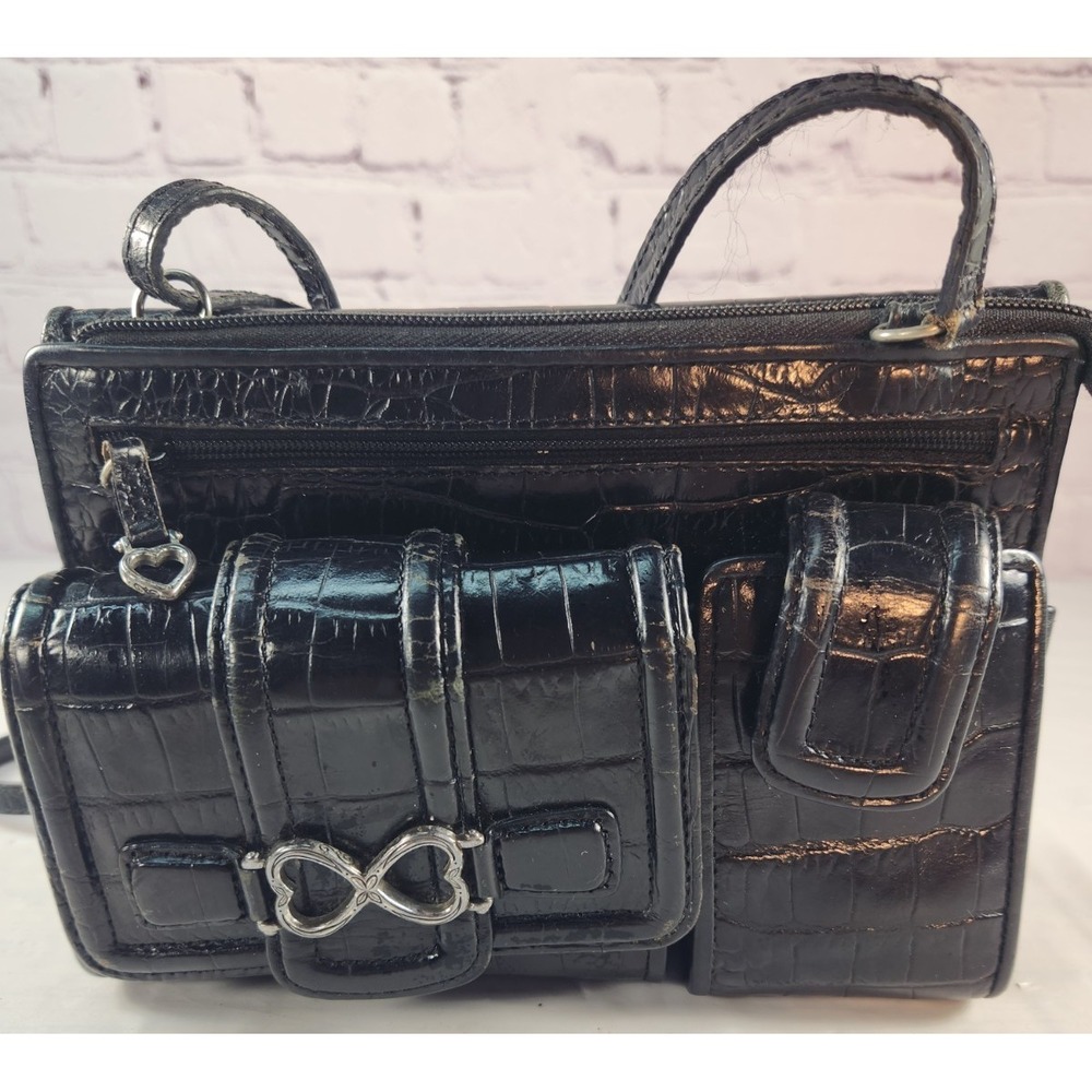 Brighton Organizer Black Mock Crocodile Leather Wallet Crossbody Purse